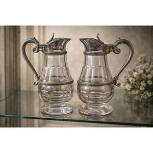 Turn of the Century English Art Nouveau Style Pewter Glass Jugs Pair